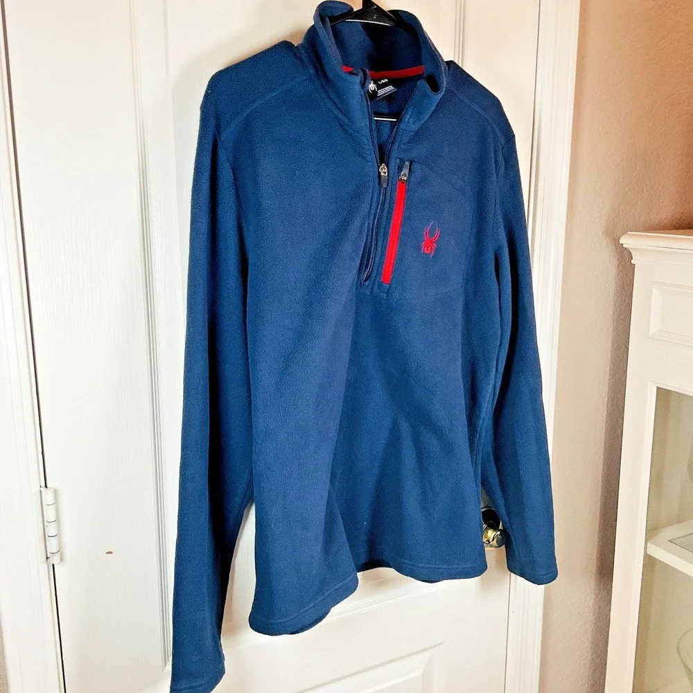Spyder Men's L‎ Blue Pullover Quarter Zip High Collar Red Logo NWOT